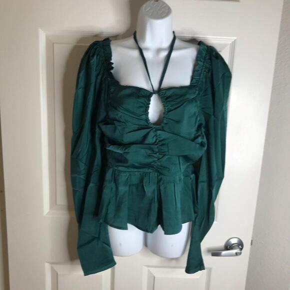 SIX/FIFTY Women's Ruby Blouse Puff Sleeves Smocked Back Hunter Green NEW~ Size L - Picture 3 of 8